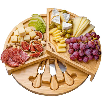 Bamboo Cheese Board and Knife Set - 14 Inch Swiveling Charcuterie Board with Slide-Out Drawer - Cheese Serving Platter, Round Serving Tray - WanderMart Co.