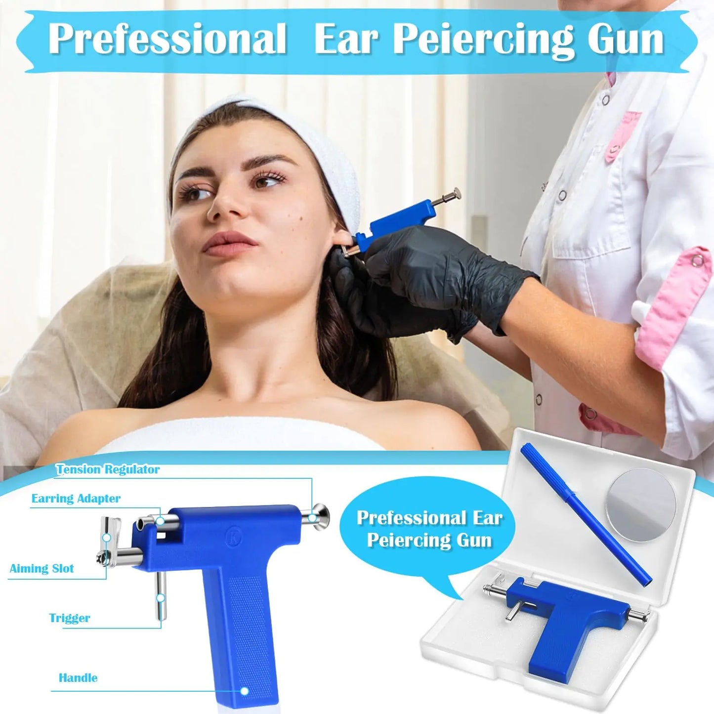 Ear Piercing Gun with Piercing Tools Kit, Professional Ear Nose Piercing Gun Machine Set for Salon At Home Piercing Blue Gun with Ear Studs - WanderMart Co.