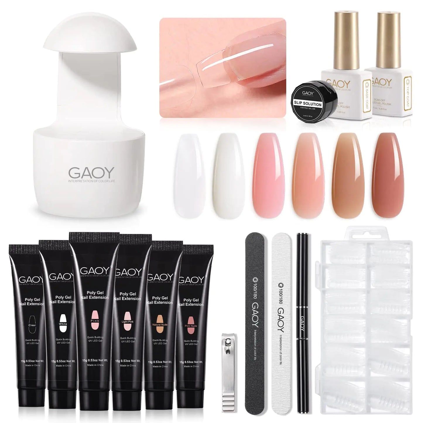 GAOY Poly Gel Nail Kit with U V Light Starter Kit, 6 Colors Nude Pink Black Builder Gel Nail Extension Kit for Beginners with Everything Nail Art DIY at Home Set C - WanderMart Co.