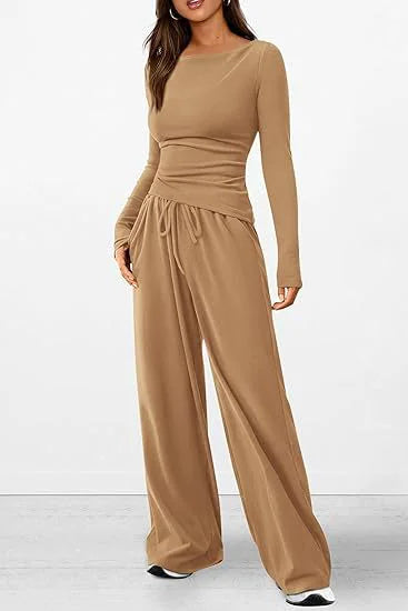 Casual Suit Long-sleeved T-shirt Wide-leg Pants - WanderMart Co.