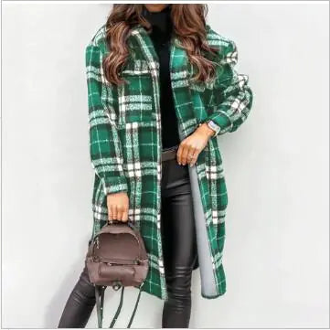 Women's Plaid Printed Long Overcoat Jacket - WanderMart Co.