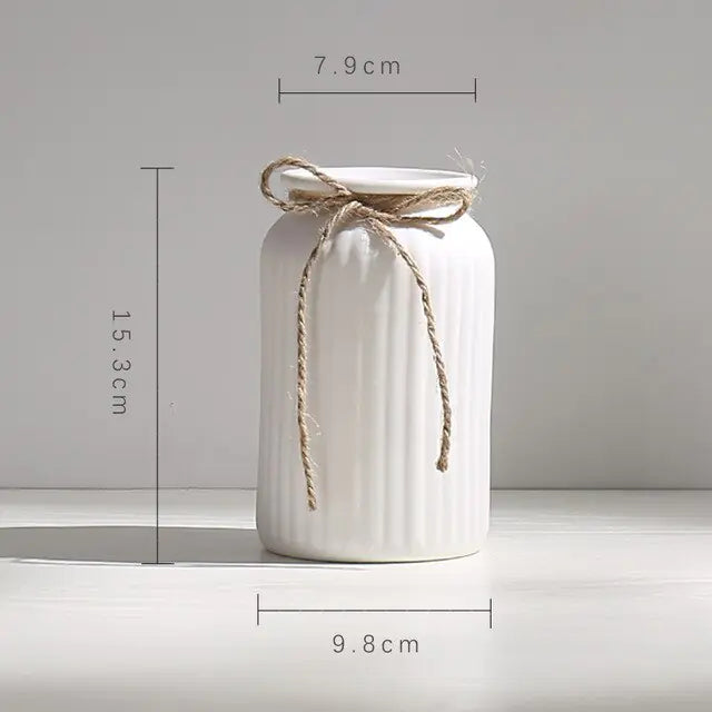 Modern Minimalist White Hemp Rope Ceramic Vase - WanderMart Co.