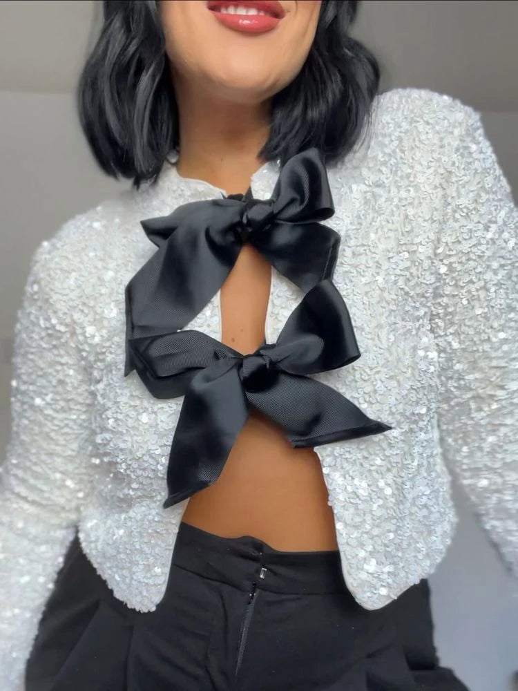 Chic Short Sequin Jacket With Bow - WanderMart Co.