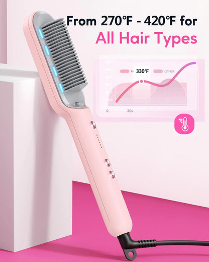 Wavytalk Hair Straightener Brush, Ionic Hair Straightening Comb for Women, Anti-Scald Ceramic Straightening Brush Fast Heating for Home Salon, Dual Voltage Pink. - WanderMart Co.