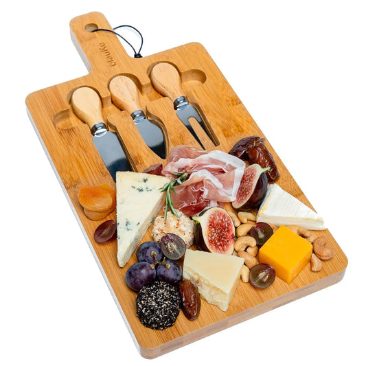 Bamboo Cheese Board and Knife Set - 12x8 inch Charcuterie Board with Magnetic Cutlery Storage - Wood Serving Tray with Handle - WanderMart Co.