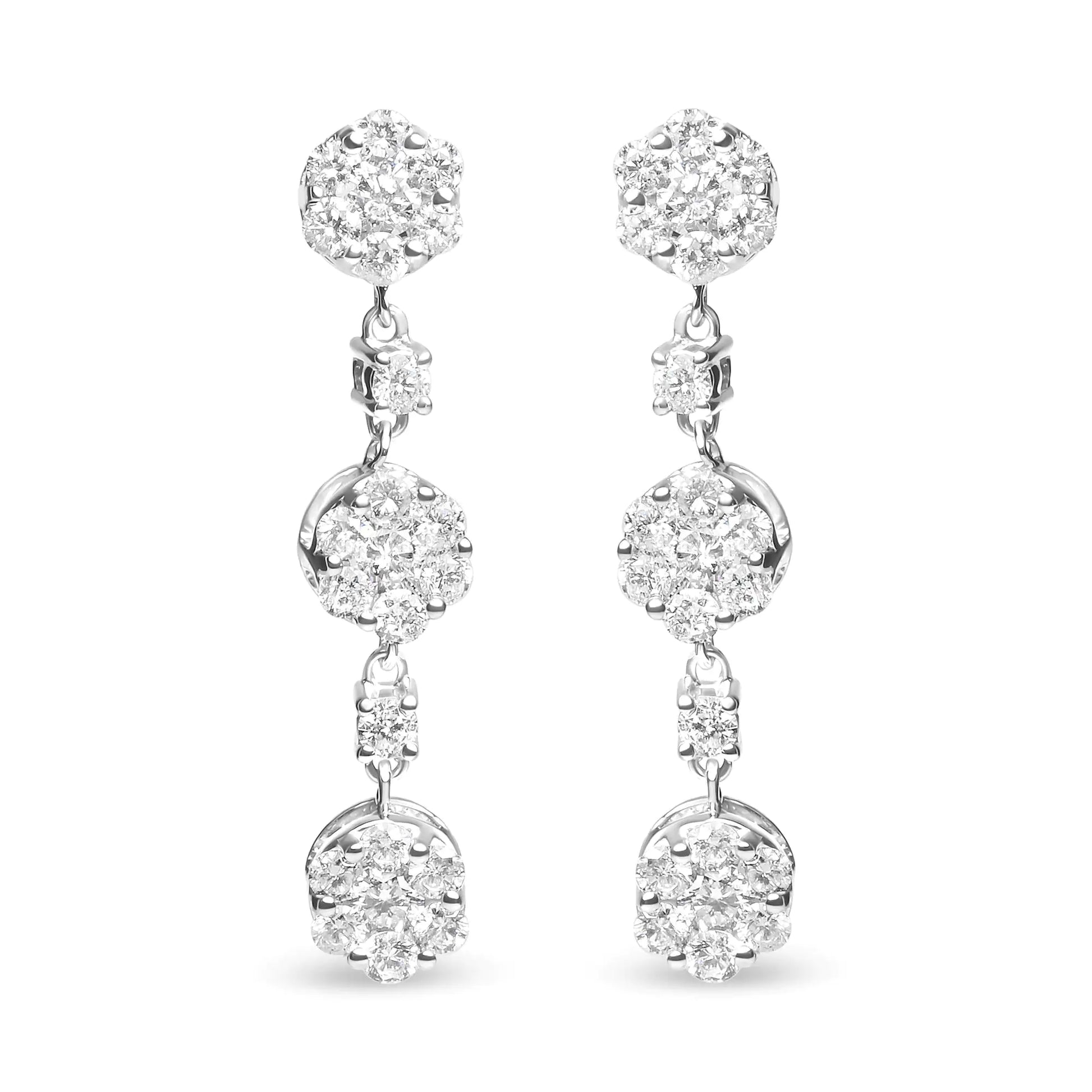 14K White Gold 2.00 Cttw Diamond Composite Cluster Floral Drop Earrings (I-J Color, I1-I2 Clarity) - WanderMart Co.