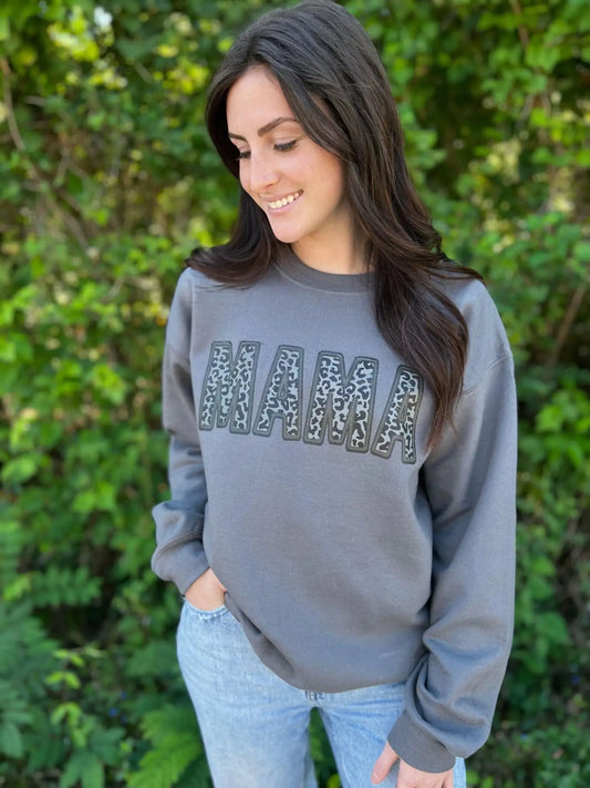 Black Leopard Mama Faux Embroidery Sweatshirt - WanderMart Co.