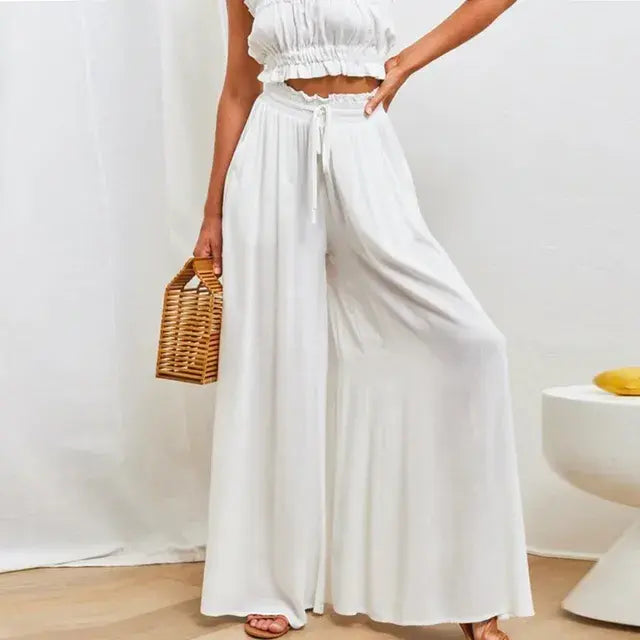 Women's Pants Solid Color Elastic High Waist Wide Leg Trousers - WanderMart Co.