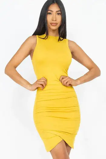 Shirred Bodycon Mini Dress- Stretch knit - Sleeveless - WanderMart Co.