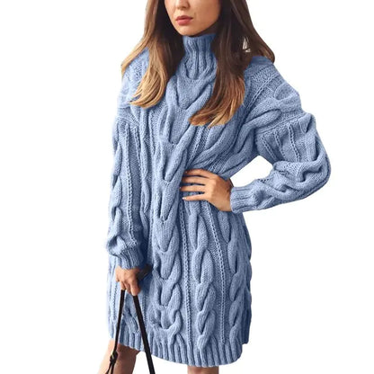 Turtleneck Twist Knitted Sweater Dress - WanderMart Co.