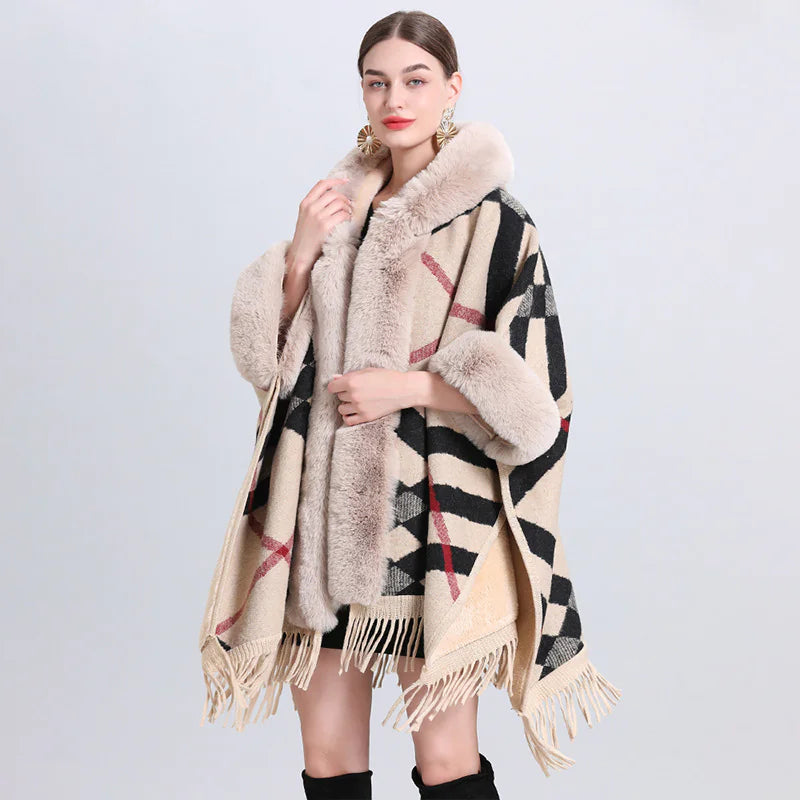 Chic Cashmere-Trimmed Plaid Inverness with Luxe Fur Collar - WanderMart Co.