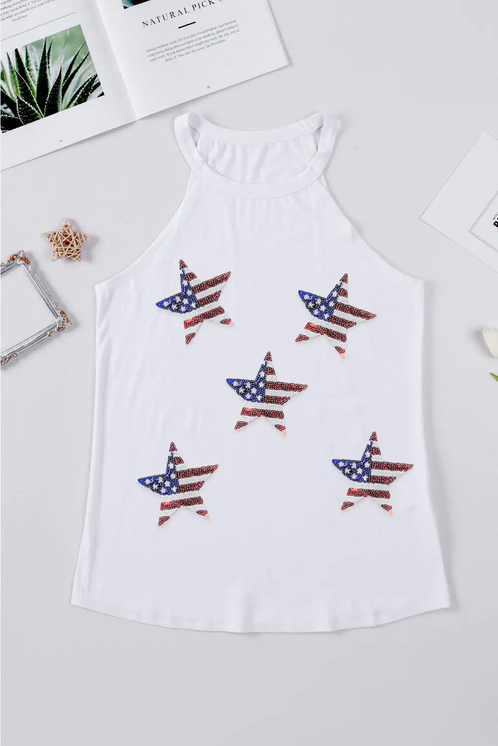 Sequin US Flag Star Grecian Neck Tank - WanderMart Co.