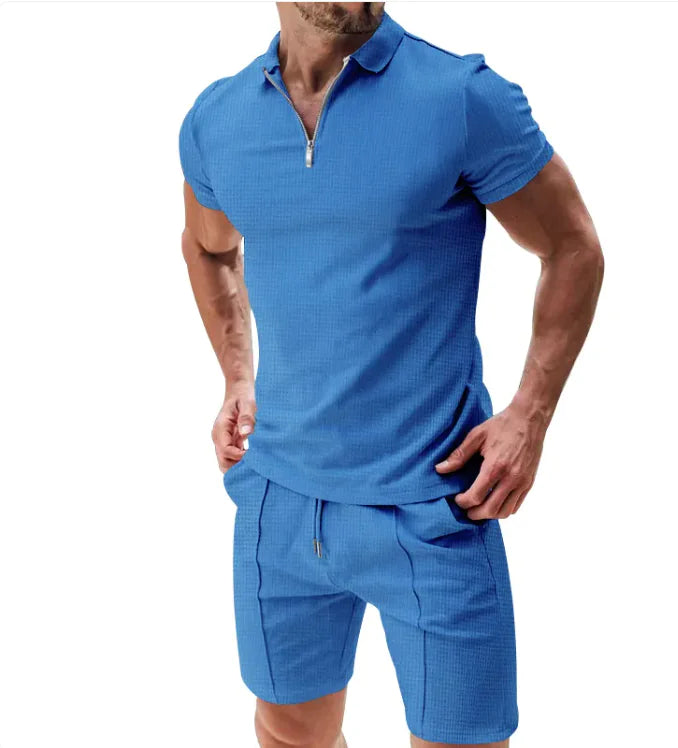 Men's 2-Piece Waffle Zip Polo & Drawstring Shorts Set - WanderMart Co.