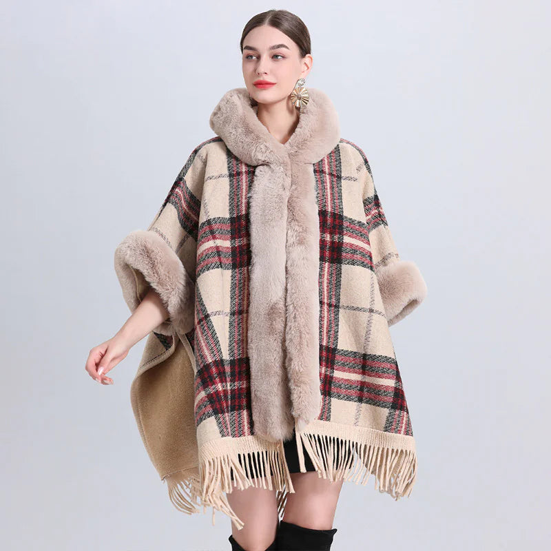 Chic Cashmere-Trimmed Plaid Inverness with Luxe Fur Collar - WanderMart Co.