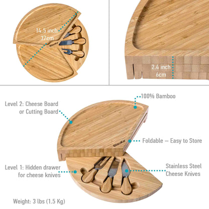 Bamboo Cheese Board and Knife Set - 14 Inch Swiveling Charcuterie Board with Slide-Out Drawer - Cheese Serving Platter, Round Serving Tray - WanderMart Co.