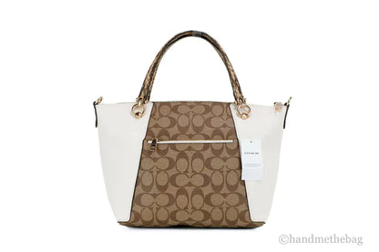 Coach (C7261) Kacey Khaki Chalk Blocked Canvas Top Zip Satchel Crossbody Handbag - WanderMart Co.