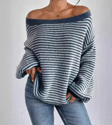 Women's Off-Shoulder Color Block Sweater - WanderMart Co.