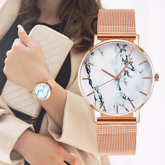 Rose Gold Mesh Band Marble Wrist Watch - WanderMart Co.