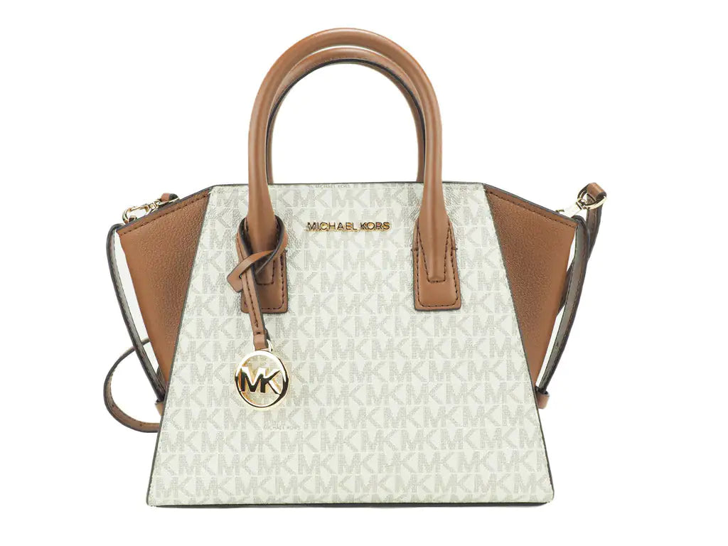 Michael Kors Avril Vanilla Signature PVC Leather Small Zip Satchel Handbag Purse - WanderMart Co.