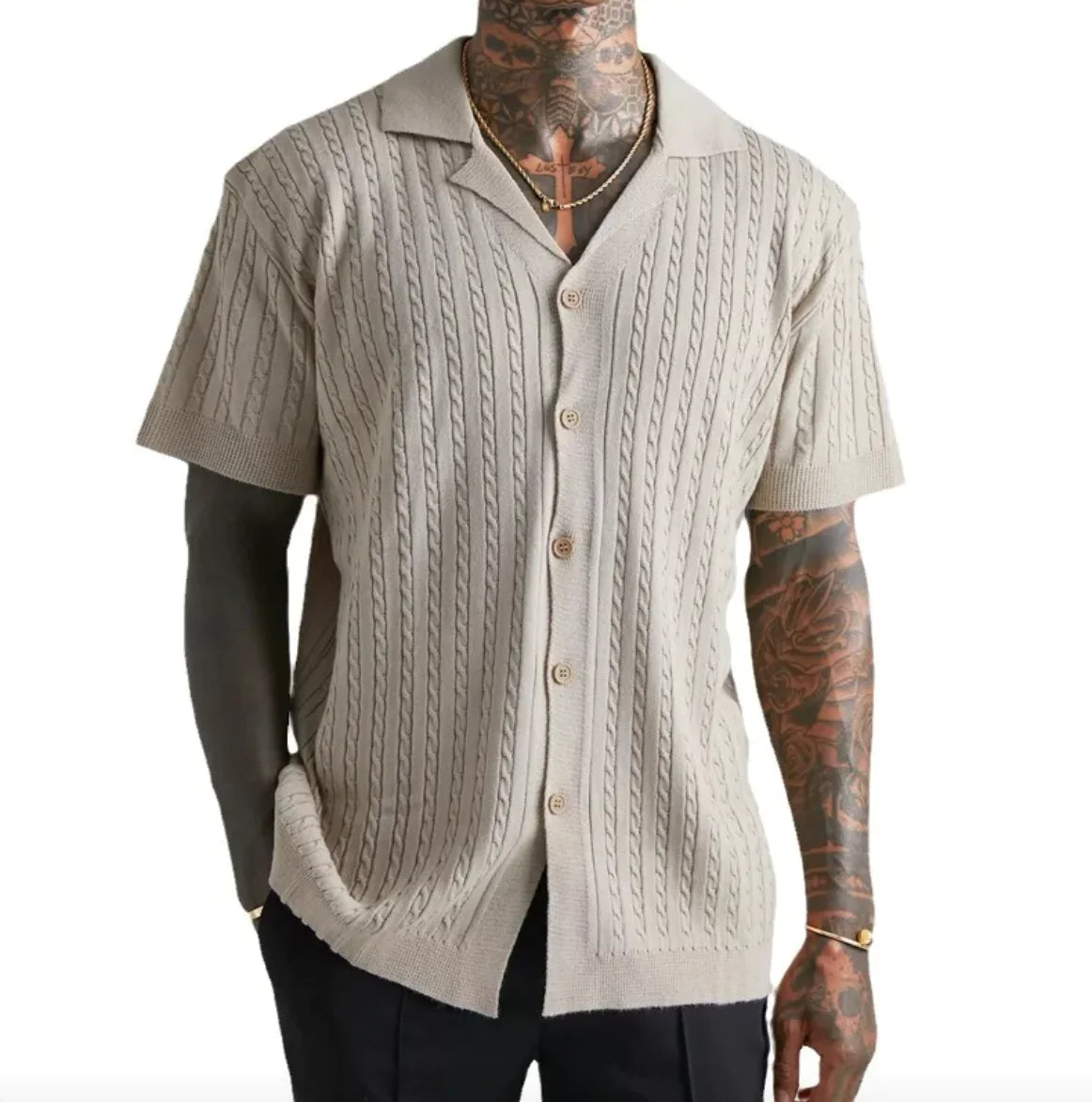 Men's Short-Sleeved Knitted Button-Up Shirt - WanderMart Co.