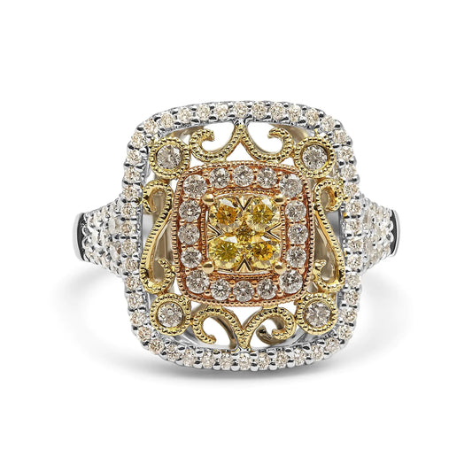 14K Tri-Toned Gold 1.00 Cttw Yellow Diamond Halo and Milgrain Cocktail Cluster Ring (Yellow/G-H Color, SI1-SI2 Clarity) - Ring Size 7 - WanderMart Co.