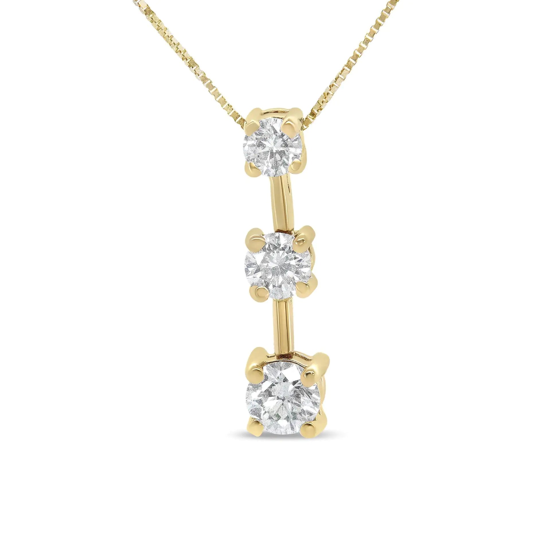 14K Gold Round Diamond Three-Stone Drop Pendant 18" Necklace - (H-I Color, SI1-SI2 Clarity) - WanderMart Co.