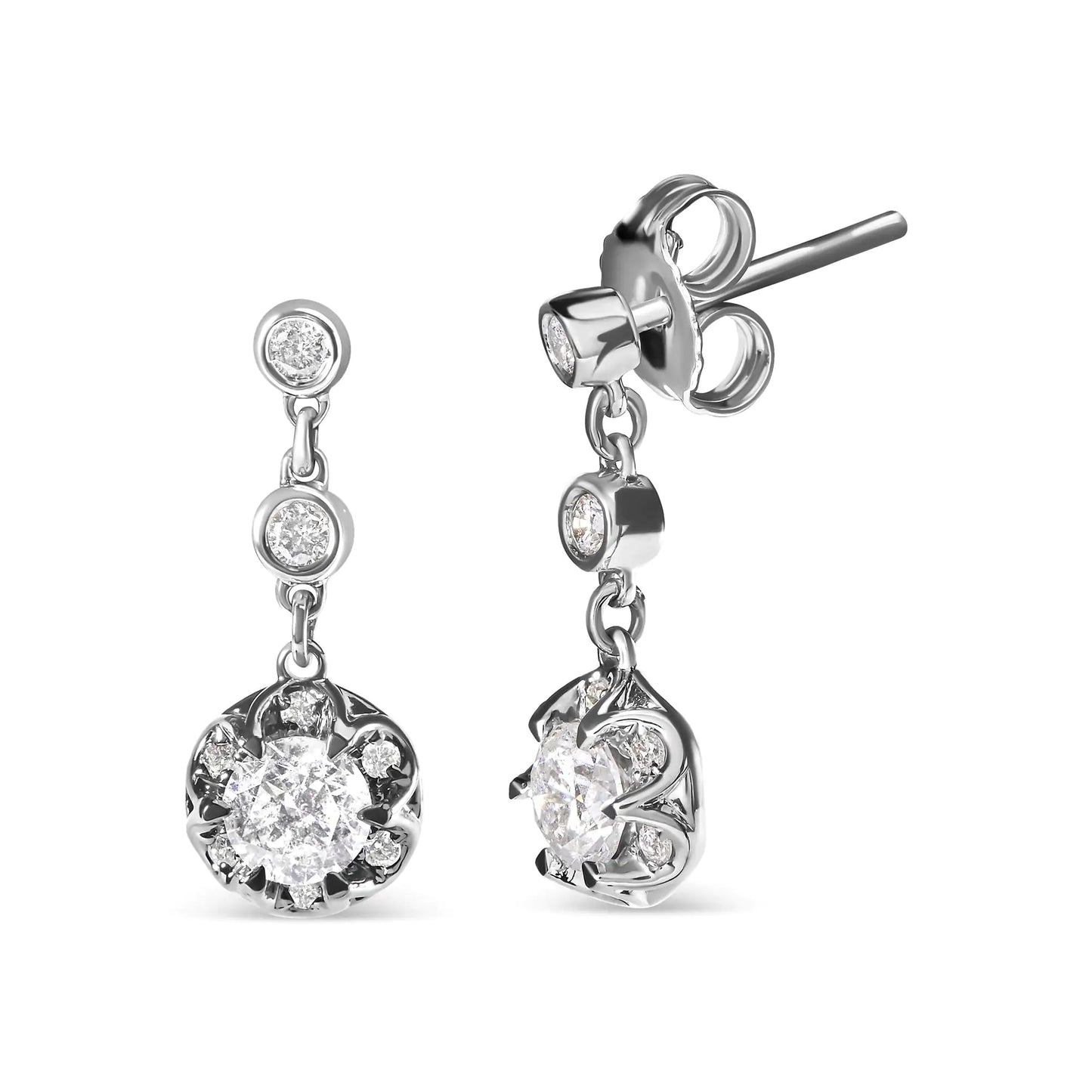 14k White Gold 5/8 Cttw Diamond Halo Drop and Dangle Earrings Stud with Bale (I-J Color, I1-I2 Clarity) - WanderMart Co.