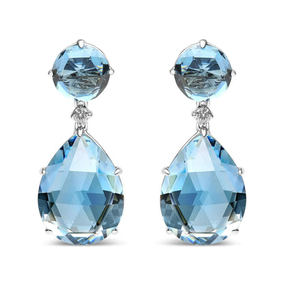 18K White Gold 1/5 Cttw Diamond with Round London Blue Topaz and 20 x 15mm Pear Cut Sky Blue Topaz Gemstone Dangle Earring (G-H Color, SI1-SI2 Clarity) - WanderMart Co.