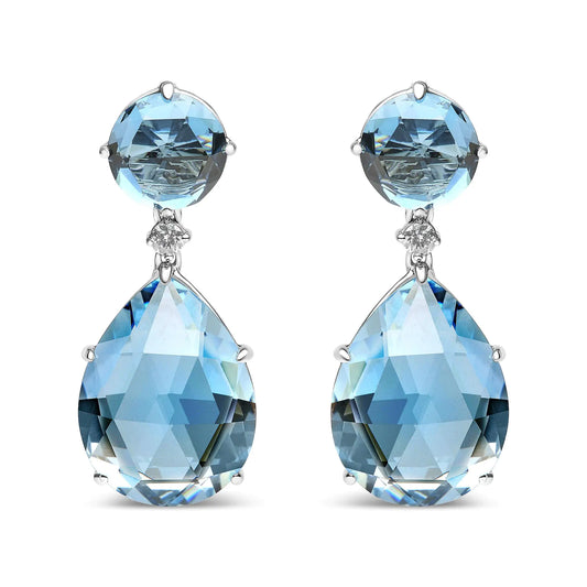 18K White Gold 1/5 Cttw Diamond with Round London Blue Topaz and 20 x 15mm Pear Cut Sky Blue Topaz Gemstone Dangle Earring (G-H Color, SI1-SI2 Clarity) - WanderMart Co.