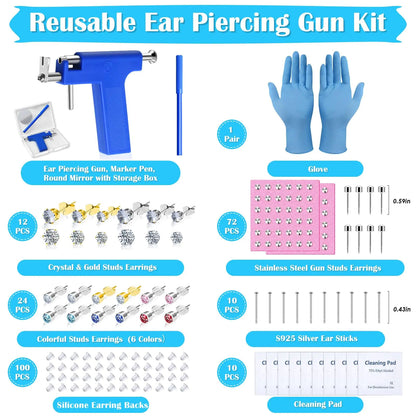 Ear Piercing Gun with Piercing Tools Kit, Professional Ear Nose Piercing Gun Machine Set for Salon At Home Piercing Blue Gun with Ear Studs - WanderMart Co.