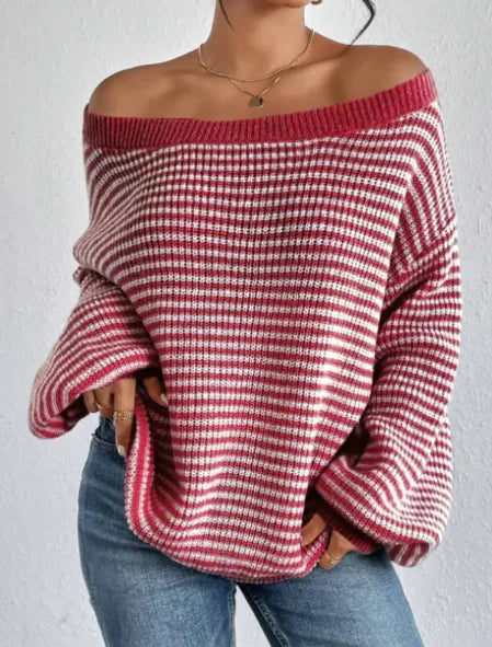 Women's Off-Shoulder Color Block Sweater - WanderMart Co.