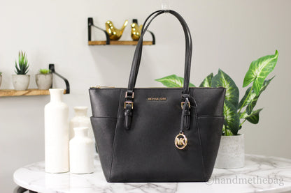 Michael Kors Charlotte Solid Black Leather Large Top Zip Tote Handbag Bag Purse - WanderMart Co.