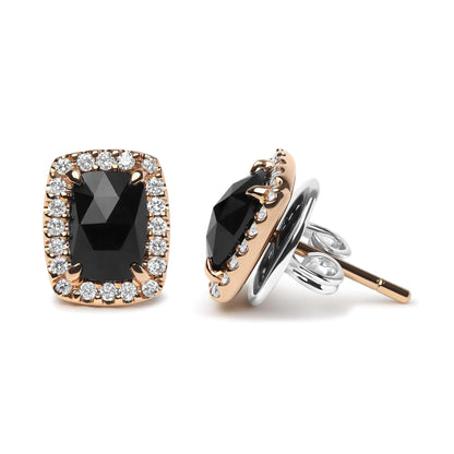 18K Rose and White Gold 1/4 Cttw Round Diamond and 8x6mm Cushion Cut Black Onyx Gemstone Halo Stud Earrings (G-H Color, SI1-SI2 Clarity) - WanderMart Co.