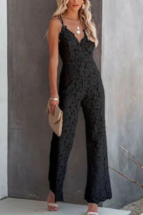 Women's Casual Lace Sleeve Solid Skinny Jumpsuit - WanderMart Co.