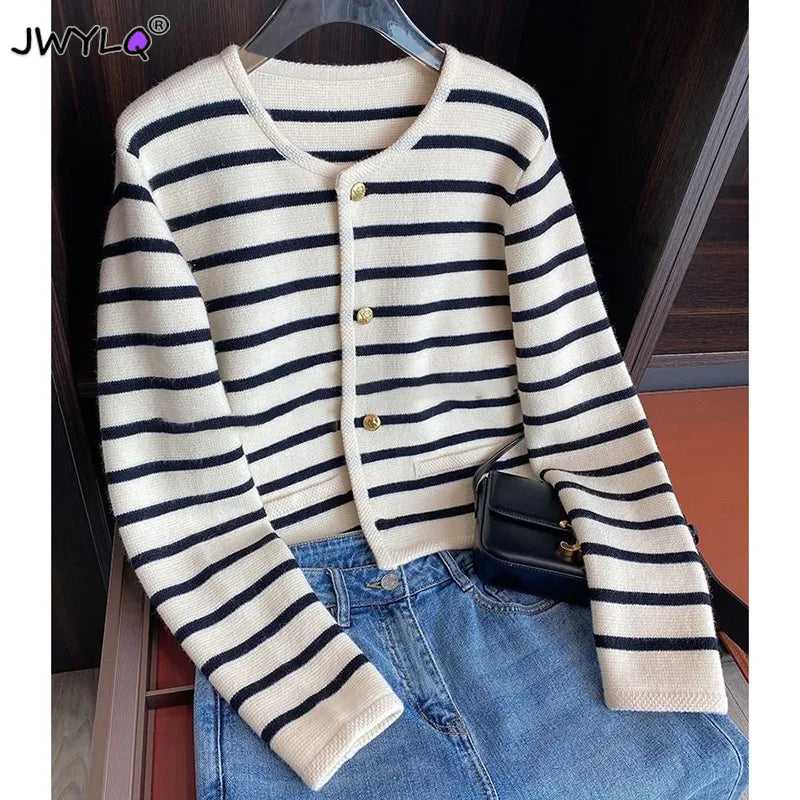 Striped Knitted Sweater Cardigan - WanderMart Co.