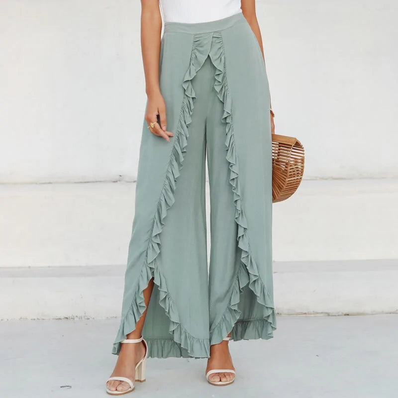 Vintage Green Ruffles High Waisted Wide Leg Pants - WanderMart Co.