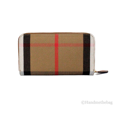 Burberry Elmore Tan Grainy Leather House Check Canvas Wallet - WanderMart Co.