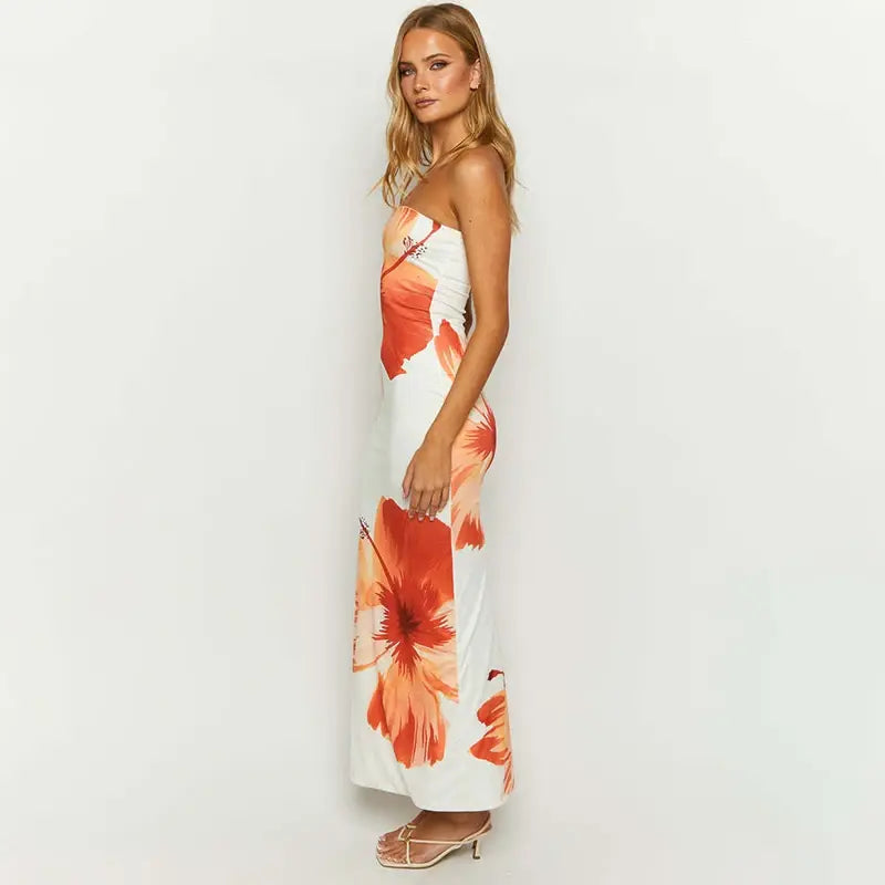 Women's Flower Print Off-Shoulder Beach Dress - WanderMart Co.