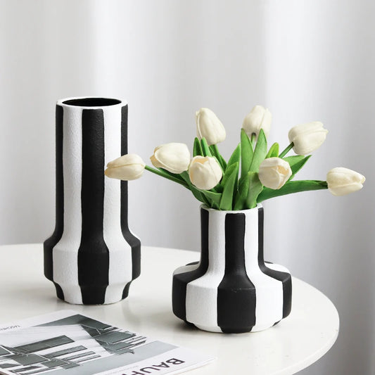 Black And White Striped Ceramic Vase - WanderMart Co.