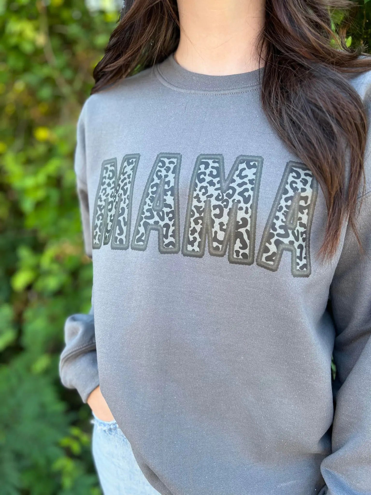 Black Leopard Mama Faux Embroidery Sweatshirt - WanderMart Co.