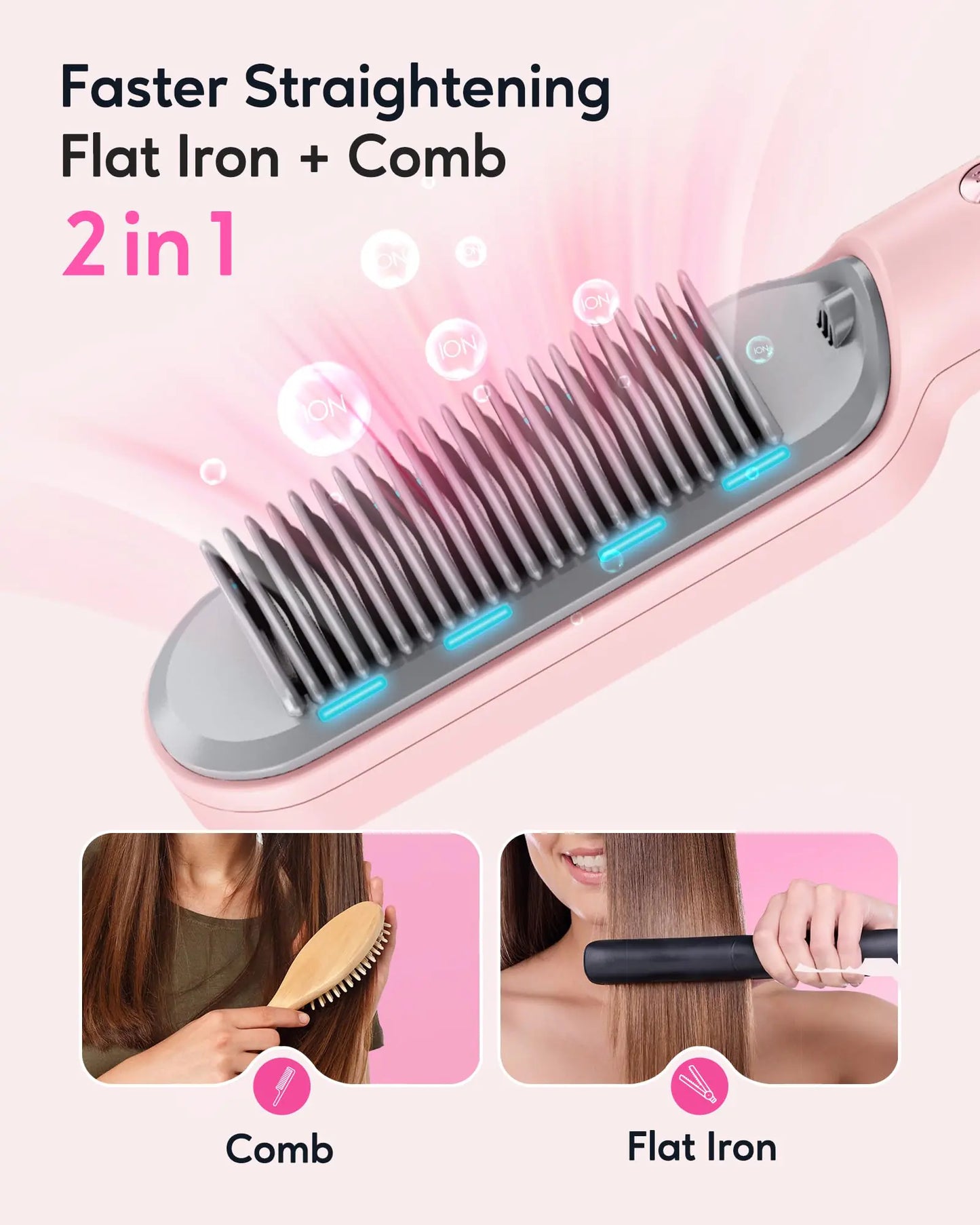 Wavytalk Hair Straightener Brush, Ionic Hair Straightening Comb for Women, Anti-Scald Ceramic Straightening Brush Fast Heating for Home Salon, Dual Voltage Pink. - WanderMart Co.