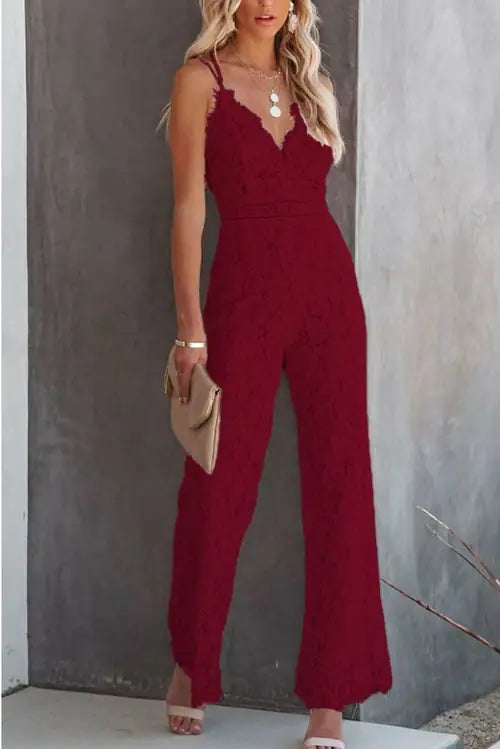 Women's Casual Lace Sleeve Solid Skinny Jumpsuit - WanderMart Co.