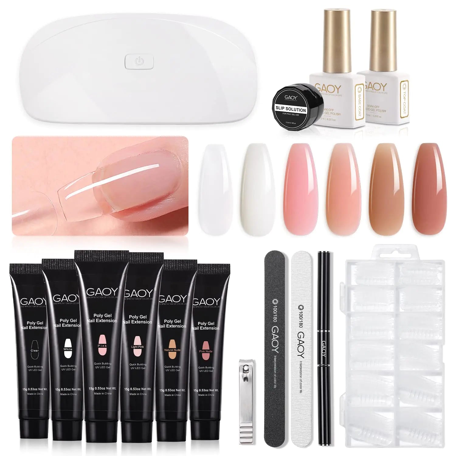 GAOY Poly Gel Nail Kit with U V Light Starter Kit, 6 Colors Nude Pink Black Builder Gel Nail Extension Kit for Beginners with Everything Nail Art DIY at Home Set C - WanderMart Co.