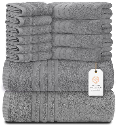 12 Pcs Bath Towel Set for Bathroom Wealuxe Collection 100% Cotton Light Gray - WanderMart Co.