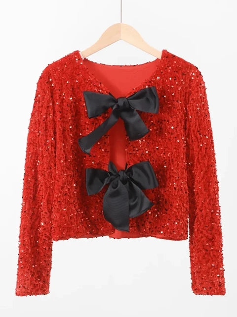 Chic Short Sequin Jacket With Bow - WanderMart Co.