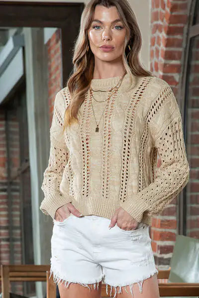 Full Size Openwork Cable-Knit Round Neck Knit Top- - WanderMart Co.