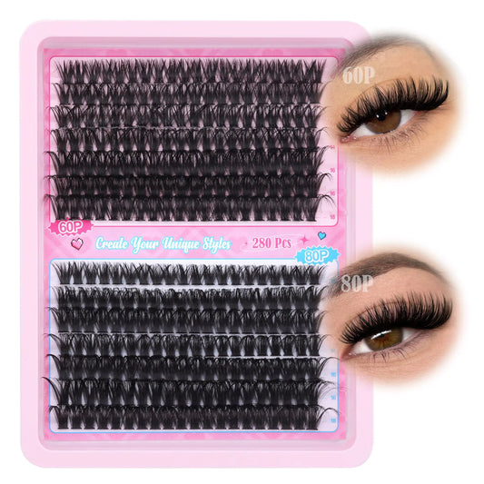 ALICE Eyelash Extensions Lash Clusters 280pcs 10-18MM Wispy Individual Lashes Fluffy Volume Mix 60D 80D D Curl Lash Extensions Self Application at Home G23-60D 80D - WanderMart Co.