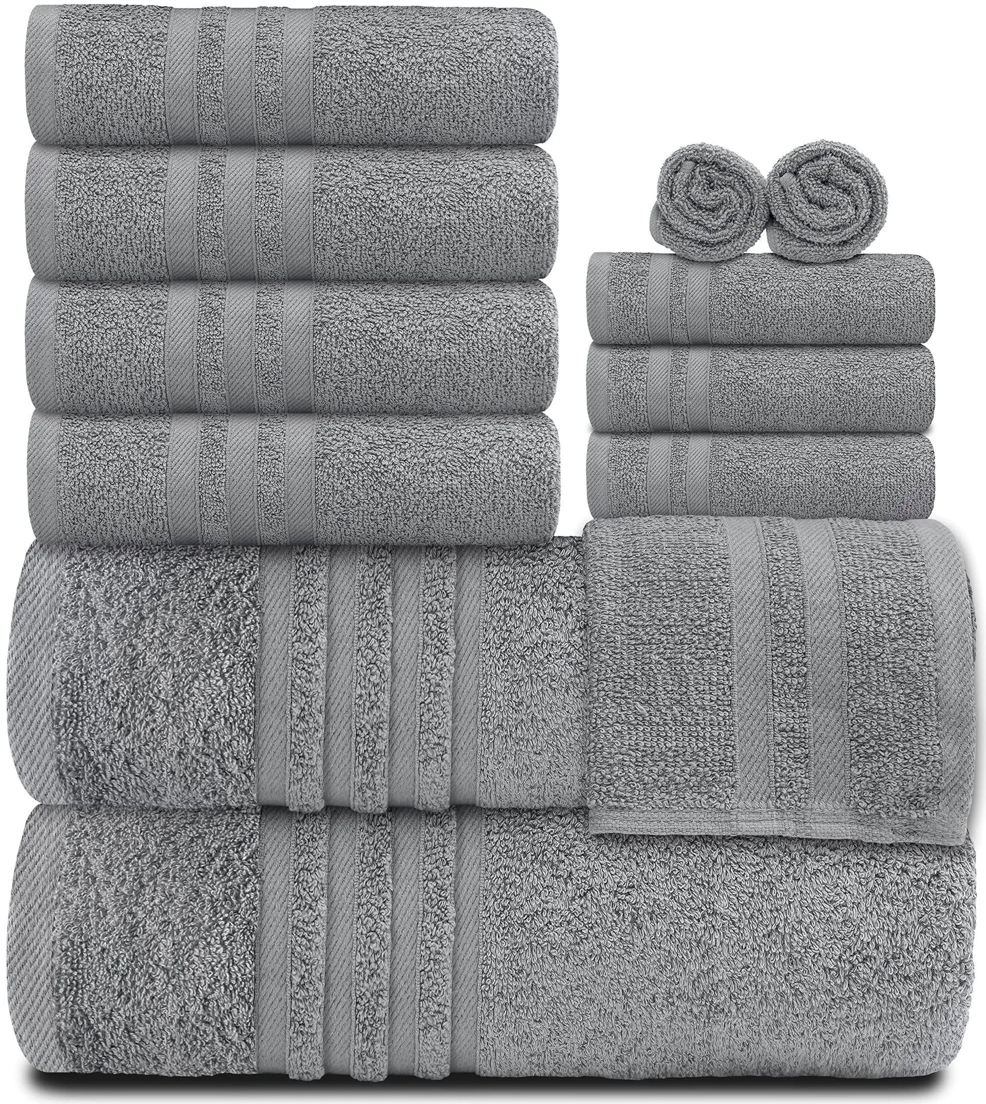 12 Pcs Bath Towel Set for Bathroom Wealuxe Collection 100% Cotton Light Gray - WanderMart Co.