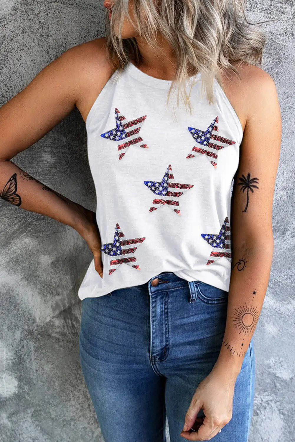 Sequin US Flag Star Grecian Neck Tank - WanderMart Co.