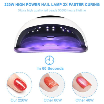 Wisdompark LED Nail Lamp 220W for Gel Nails Fast Curing Dryer with 57pcs Lamp Beads 4 Timers Professional UV Light for Home Salon Nail Art Tools White - WanderMart Co.